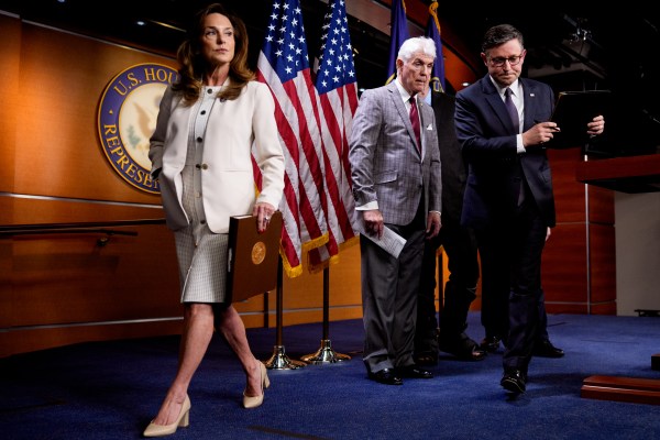 Reps. Lisa McClain and Roger Williams and Speaker of the House Mike Johnson depart a news conference following a House Republican conference meeting at the U.S. Capitol on May 6, 2025, in Washington. House Republicans continue to work on finding consensus for their budget plan. (Photo by Andrew Harnik/Getty Images)