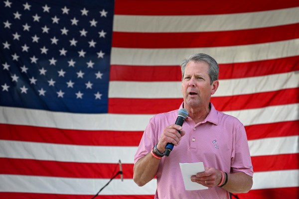 Georgia Gov. Brian Kemp speaks at Cumming City Center in Cumming, Georgia on October 26, 2024. (Alex Wroblewski for the Washington Post)