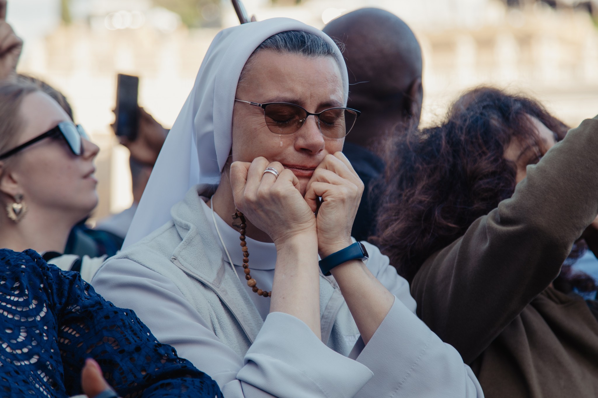 A nun cries in St. Peter's Square in Vatican City after the election of Pope Leo XIV on Thursday. (Photo by Andrea Ronchini/NurPhoto via Getty Images)