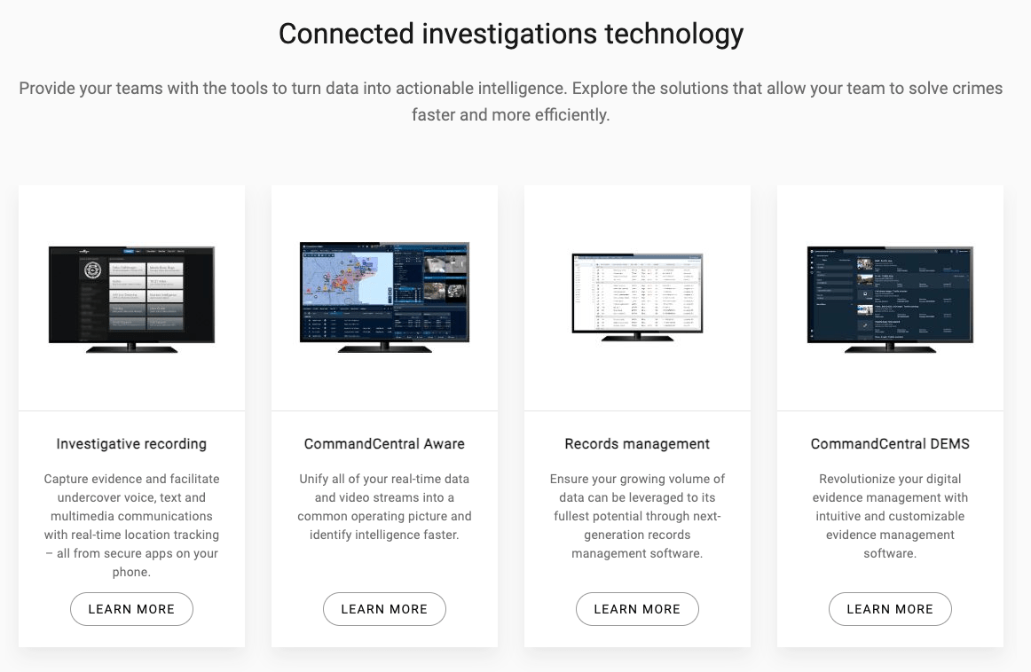 A screenshot from Motorola Solutions webpage on law enforcement technology.
