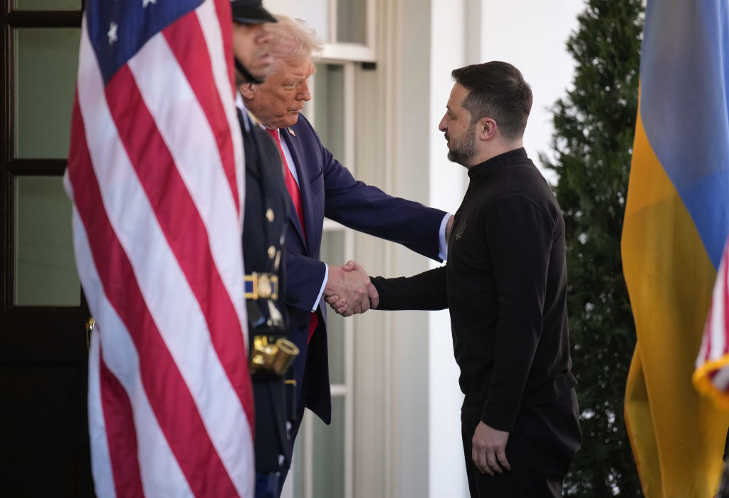 U.S. President Donald Trump greets Ukrainian president Volodymyr Zelensky as he arrives at the White House on February 28, 2025. (Photo by Andrew Harnik/Getty Images)
