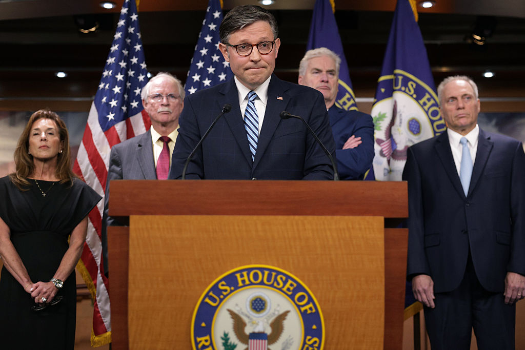 U.S. Speaker of the House Rep. Mike Johnson speaks as House Republican Conference Chair Rep. Lisa McClain, Rep. John Rutherford, House Majority Whip Rep. Tom Emmer, and House Majority Leader Rep. Steve Scalise listen during a news conference at the U.S. Capitol on May 14, 2025. (Photo by Alex Wong/Getty Images)