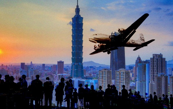 Illustration by Noah Hickey/The Dispatch. (Photograph of Berlin Airlift by Tony Vaccaro/Getty Images. Photograph of Taipei skyline by Universal Images Group/Getty Images) 