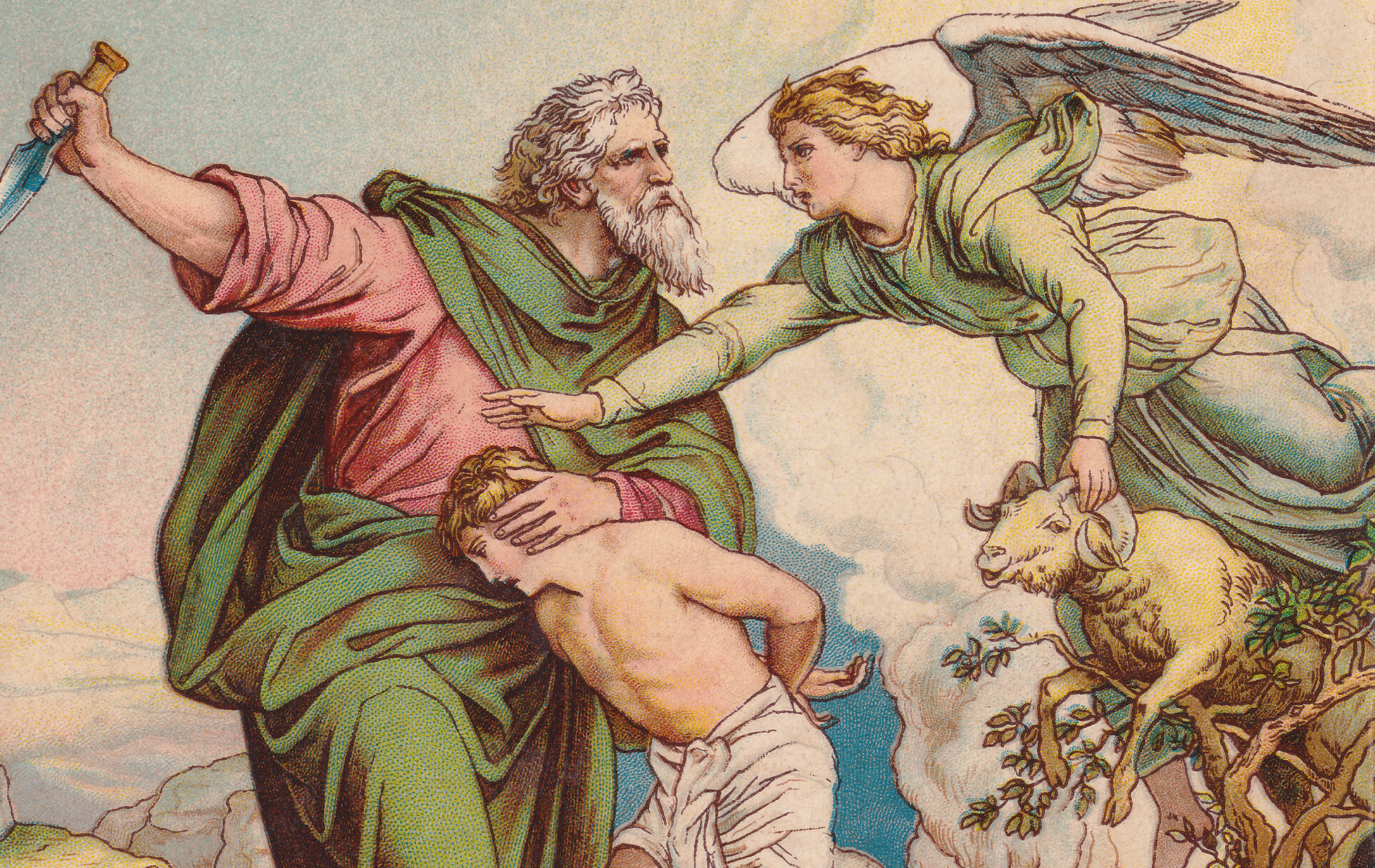 Abraham sacrifices Isaac. Chromolithograph after a drawing by Julius Schnorr von Carolsfeld, published in 1900. (Via Getty Images)