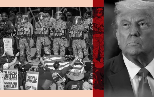 Illustration by Noah Hickey/The Dispatch. (Photograph of National Guard troops by David McNew/Getty Images. Photograph of Donald Trump by Elsa/Getty Images)