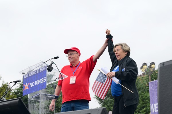Arthur G. Steinberg and Randi Weingarten speak as people protest in Philadelphia as part of the No Kings rallies at Love Park on June 14, 2025. (Photo by Lisa Lake/Getty Images for No Kings)