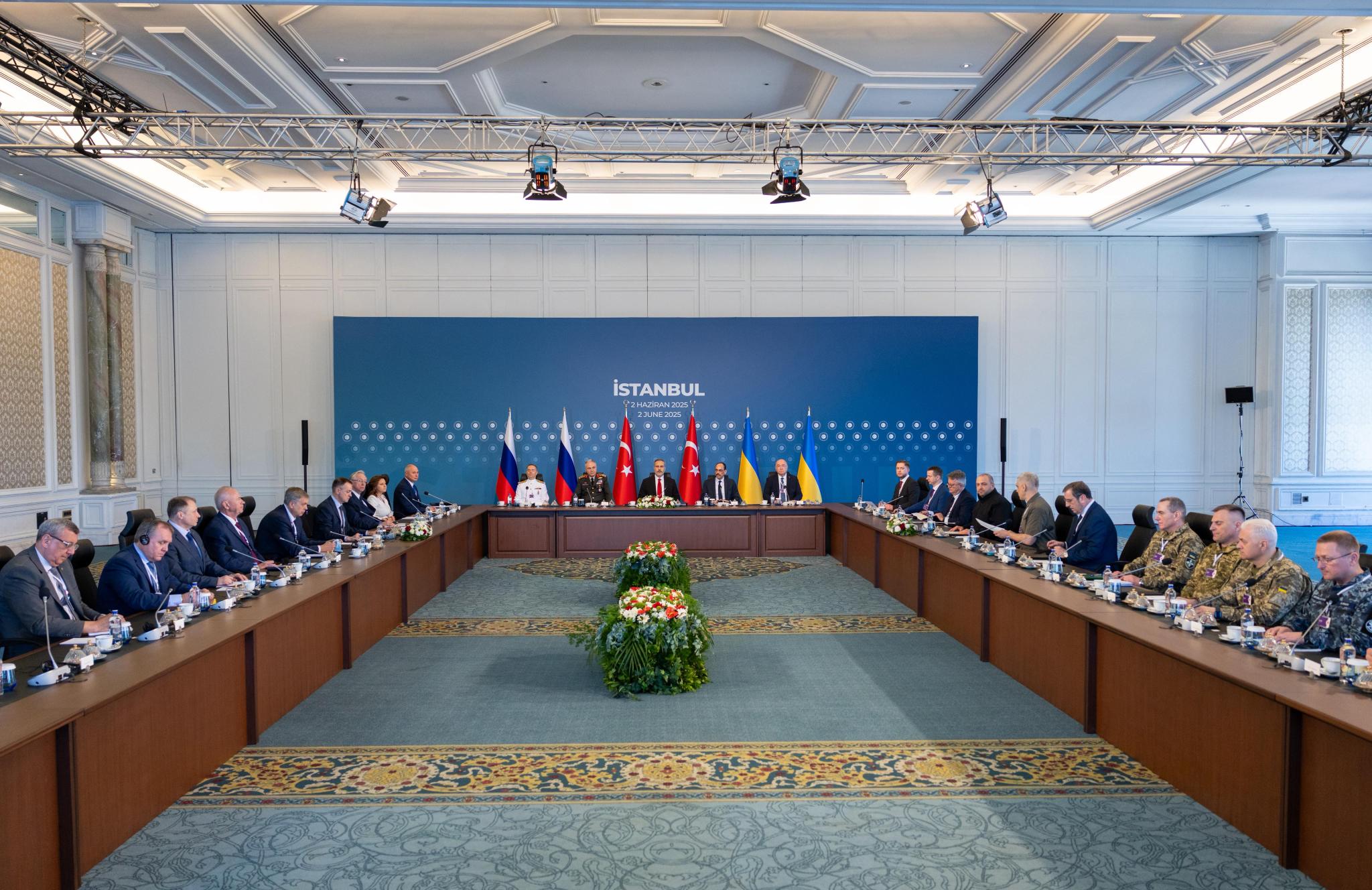 Members of Ukrainian and Russian delegations attend peace talks presided over by Turkish Foreign Minister Hakan Fidan on June 2, 2025, at Ciragan Palace in Istanbul, Turkey. (Photo provided by Turkish Ministry of Foreign Affairs via Getty Images)
