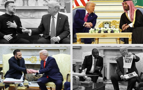 Clockwise, from top left: Donald Trump with Ukrainian President Volodymyr Zelensky; Trump with Saudi Arabian Crown Prince Mohammed bin Salman; Trump with South African President Syril Ramaphosa; Trump with Salvadoran President Nayib Bukele. (Illustration by Noah Hickey/images via Getty Images)