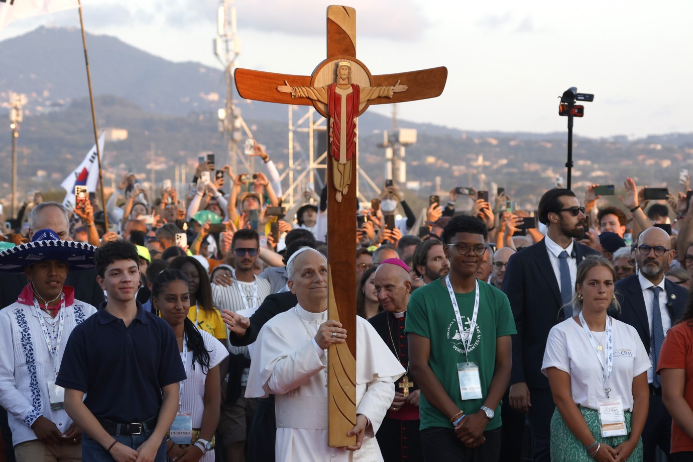 Pope Leo XIV celebrates a vigil prayer for the Jubilee of Youth at Tor Vergata, on the outskirts of Rome, Italy, on August 2, 2025. (Photo by Riccardo De Luca/Anadolu via Getty Images)