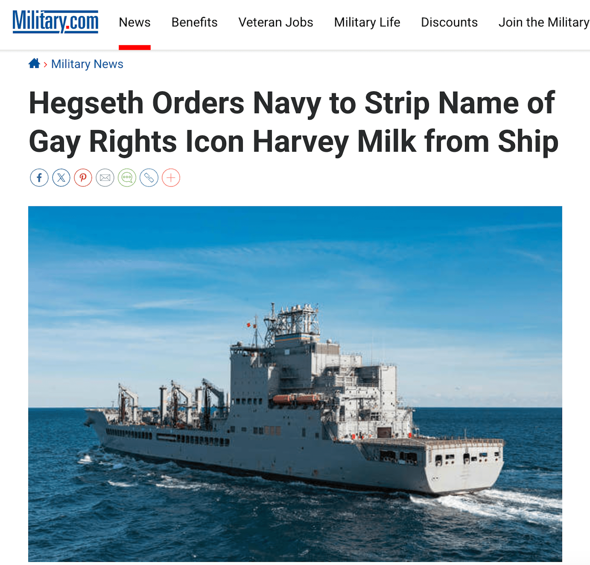 A screenshot of a headline and photo for a story about how US Defense Secretary Pete Hegseth has ordered the removal of gay rights advocate Harvey Milk's name from a Navy ship.