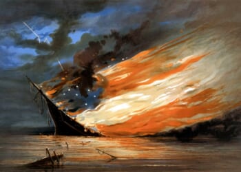 Vintage Civil War painting of a warship burning in a calm sea.
