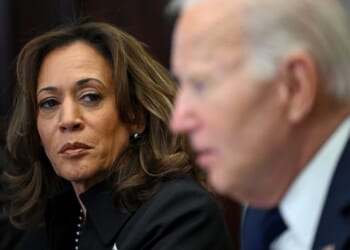 US Vice President Kamala Harris listens to US President Joe Biden speak about the Los Angeles fires in the Roosevelt Room of the White House in Washington, DC, on January 9, 2025. (Photo by ANDREW CABALLERO-REYNOLDS/AFP via Getty Images)
