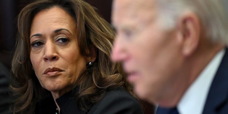 US Vice President Kamala Harris listens to US President Joe Biden speak about the Los Angeles fires in the Roosevelt Room of the White House in Washington, DC, on January 9, 2025. (Photo by ANDREW CABALLERO-REYNOLDS/AFP via Getty Images)