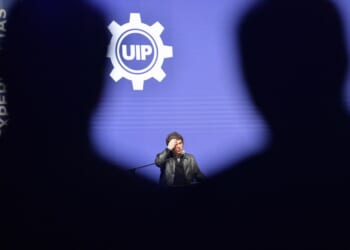 Argentina’s President Javier Milei gives a speech during a meeting with young people from the Industrial Entrepreneurs Forum of Paraguay (FEIP) organized by the Paraguayan Industrial Union (UIP) at the headquarters of the National Secretary of Sports in Asuncion on September 16, 2025. (Photo by Daniel DUARTE / AFP) (Photo by DANIEL DUARTE/AFP via Getty Images)