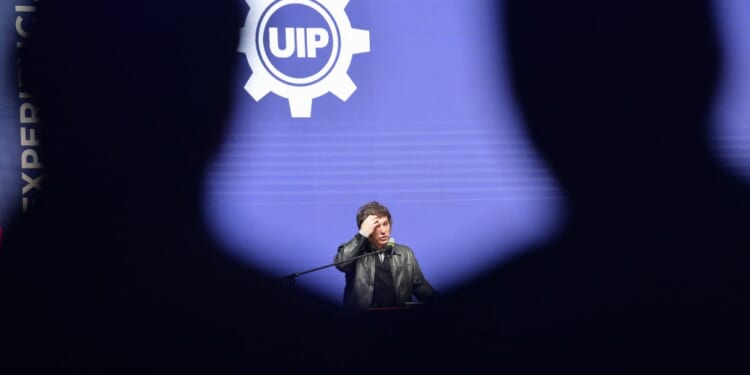 Argentina’s President Javier Milei gives a speech during a meeting with young people from the Industrial Entrepreneurs Forum of Paraguay (FEIP) organized by the Paraguayan Industrial Union (UIP) at the headquarters of the National Secretary of Sports in Asuncion on September 16, 2025. (Photo by Daniel DUARTE / AFP) (Photo by DANIEL DUARTE/AFP via Getty Images)