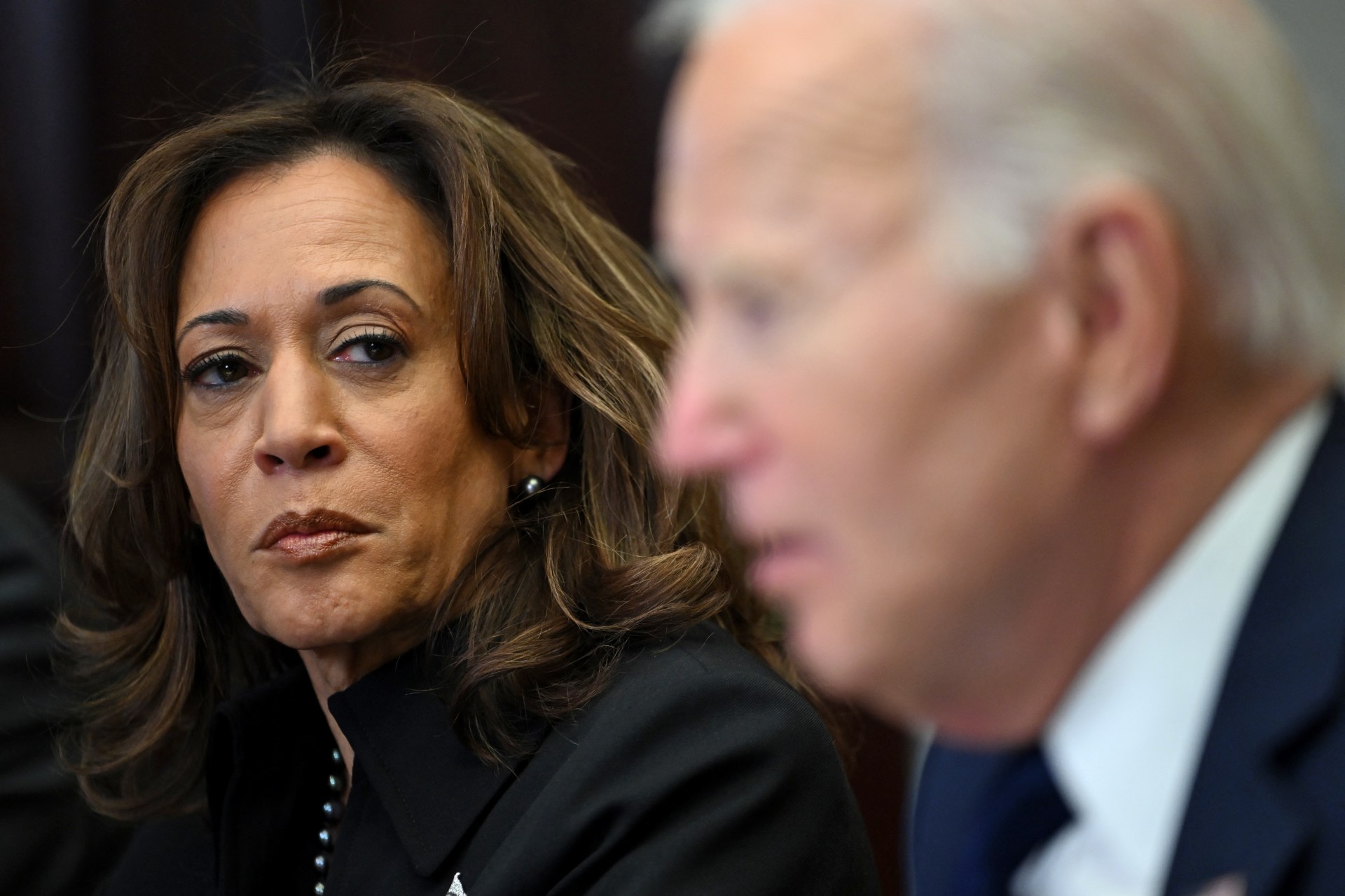 US Vice President Kamala Harris listens to US President Joe Biden speak about the Los Angeles fires in the Roosevelt Room of the White House in Washington, DC, on January 9, 2025. (Photo by ANDREW CABALLERO-REYNOLDS/AFP via Getty Images)