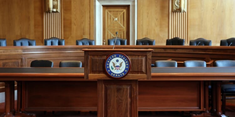 A podium with a blue and white emblem on it