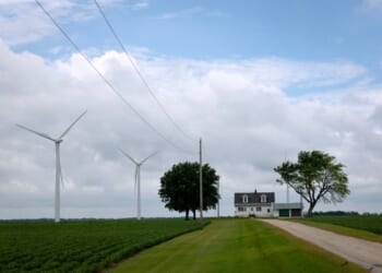 Windmills in a field with a house and trees in the background