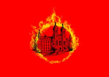A drawing of a building on fire