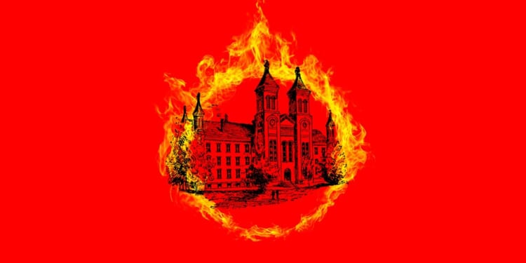 A drawing of a building on fire