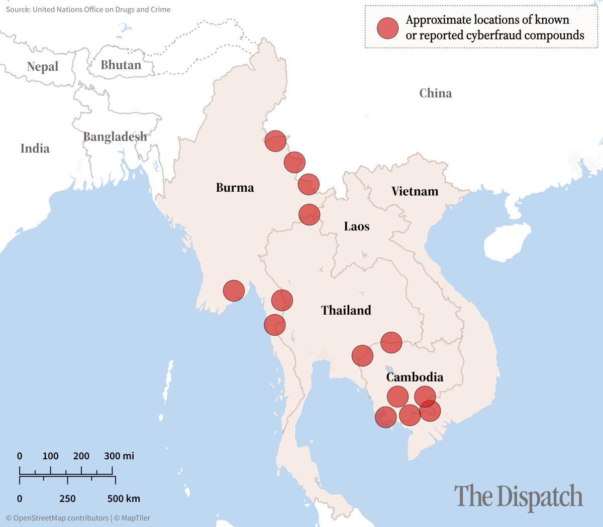A map of asia with red circles