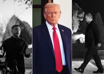 A collage of a man in a suit