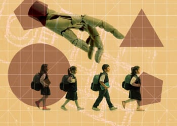 A group of children walking with a robot hand