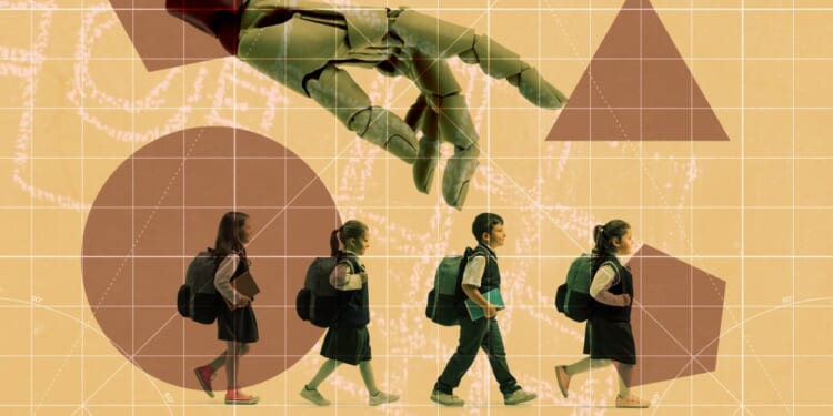 A group of children walking with a robot hand