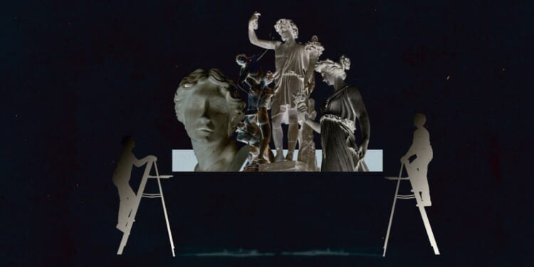 A group of statues on a ladder