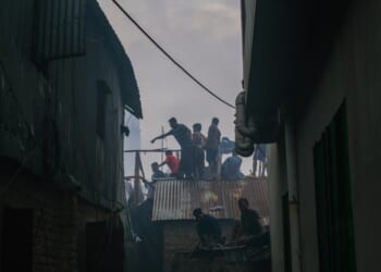 A group of people on a roof