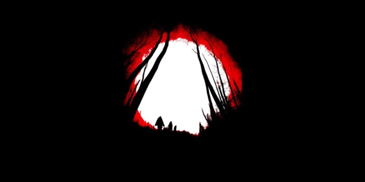 A red circle with trees in the background