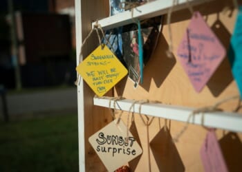 A group of signs on a shelf