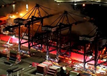 Fire Breaks Out On Container Ship Moored At Los Angeles Port