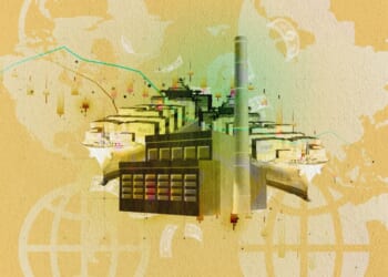 A factory with a smokestack