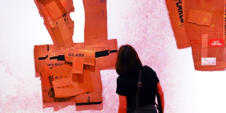 A woman looking at a piece of art