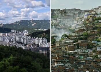 The city skyline in Seoul (left) and hillside slums in Caracas, Venezuela. (Photos by ANTHONY WALLACE/AFP and Kimberly White/Getty Images)