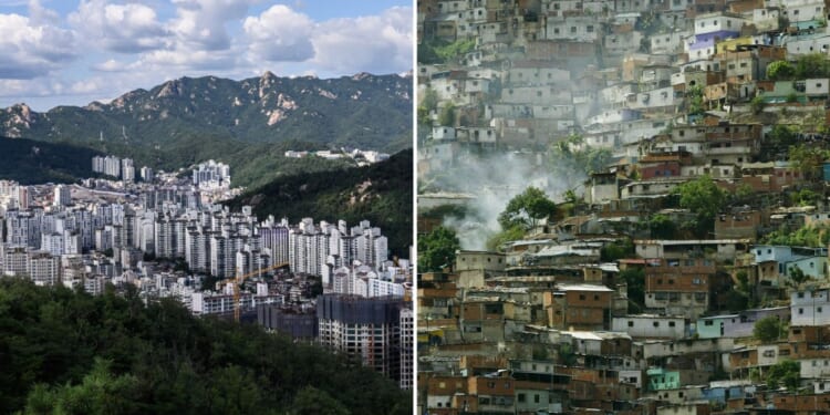 The city skyline in Seoul (left) and hillside slums in Caracas, Venezuela. (Photos by ANTHONY WALLACE/AFP and Kimberly White/Getty Images)