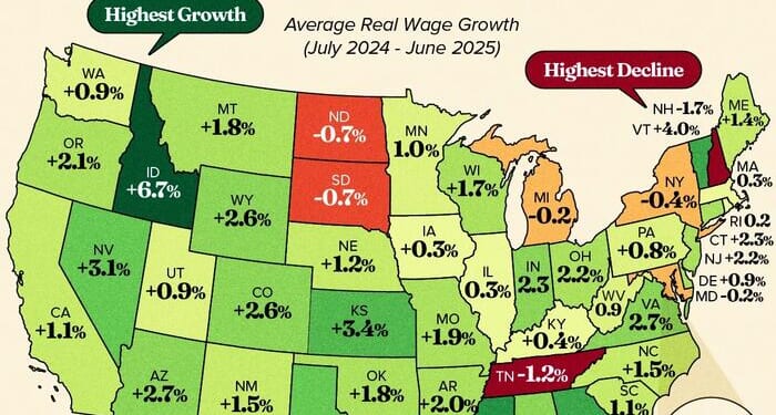 Idaho & Mississippi Saw The Largest Real Wage Growth, New Hampshire The Biggest Decline