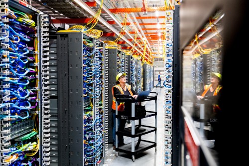 A technician works at an Amazon Web Services AI data center in New Carlisle, Indiana on October 2, 2025. (Photo by Noah Berger/Getty Images via Amazon Web Services)