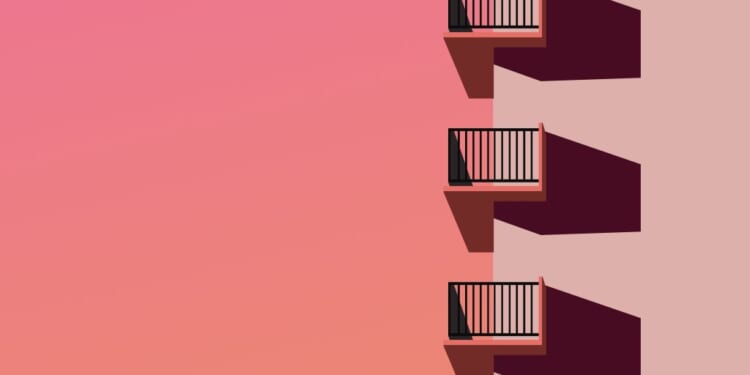 Illustration of city building with balconies and sunset gradient sky.