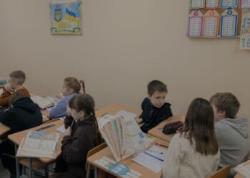 Young students at an underground school in Kharkiv.  (Photo by Louis Lemaire-Sicre)