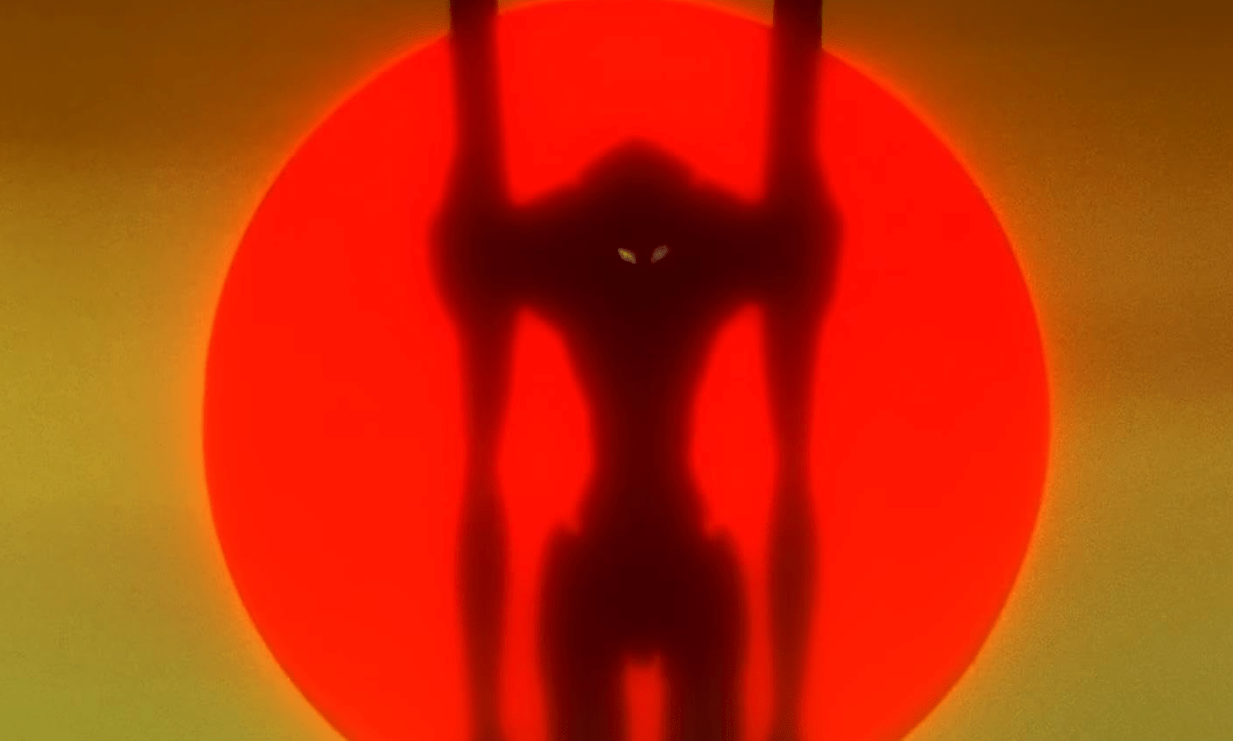 A silhouetted figure with horns stands against a glowing red sun with two vertical poles extending upward.