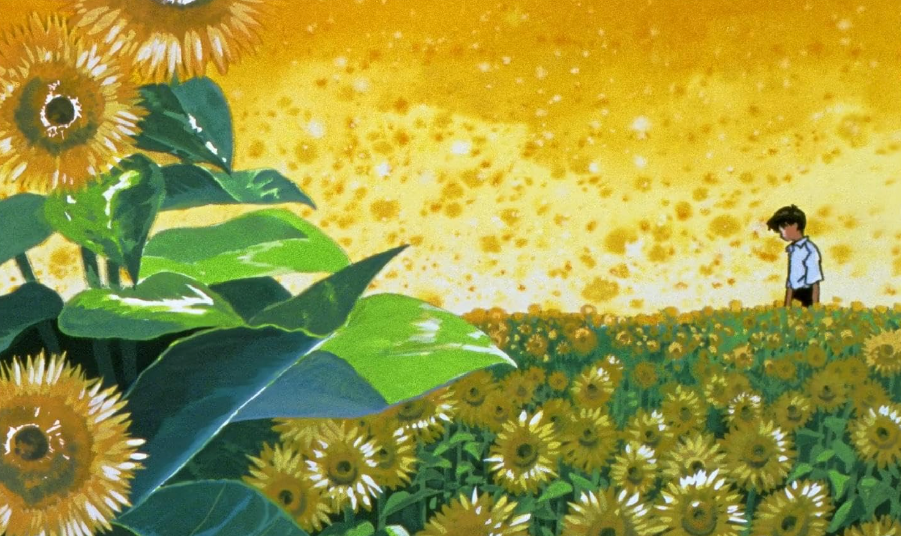 A young person stands in a vast sunflower field beneath a bright yellow sky, while oversized sunflower stems and leaves fill the foreground in an artistic, dreamlike composition.