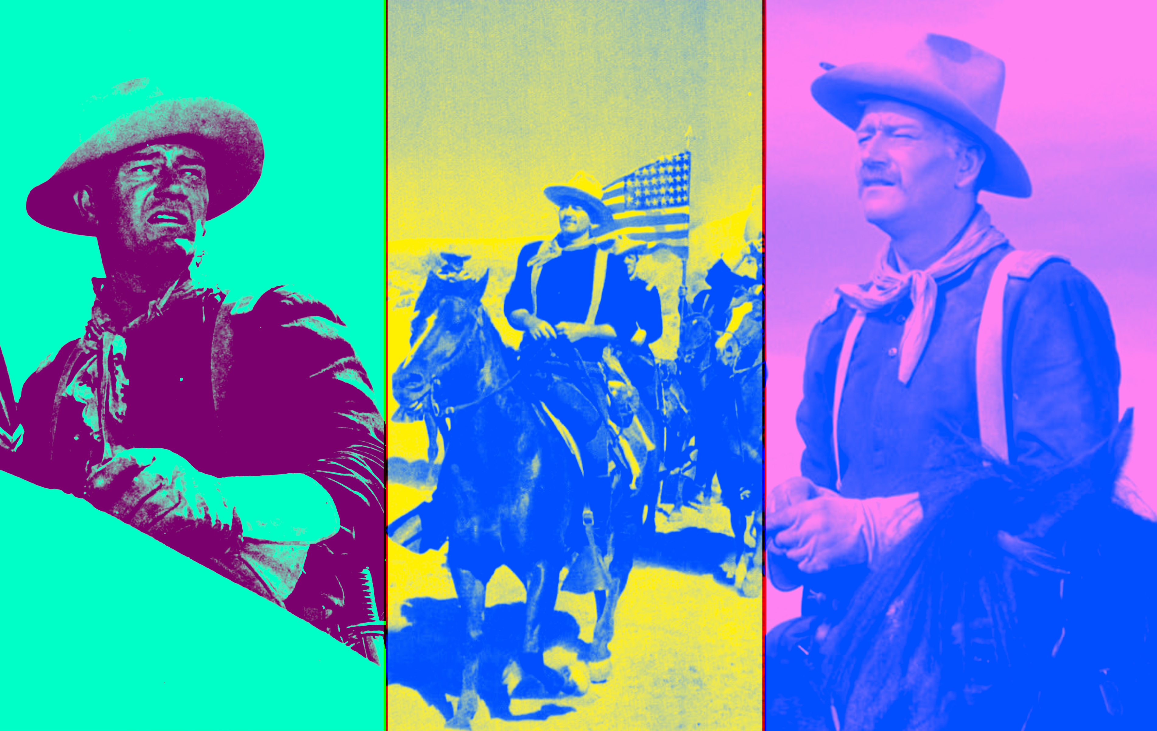 Three pop art-style panels featuring Western film scenes with cowboys and cavalry soldiers against vibrant cyan, yellow, and magenta backgrounds.
