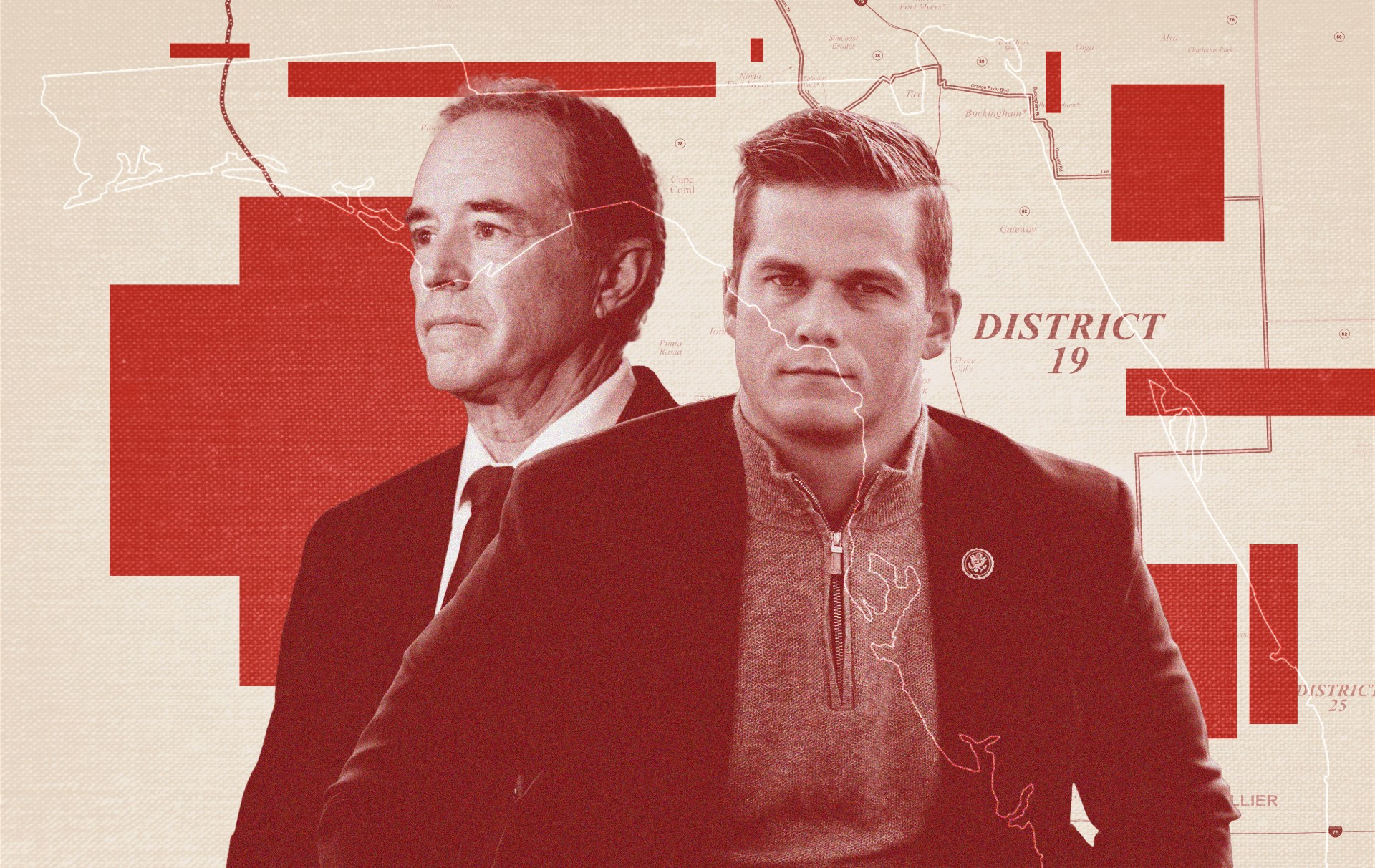 Two men in professional attire are positioned against a beige background overlaid with red district maps and geographical boundaries, with "DISTRICT 19" visible on the right side.