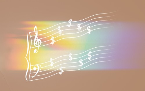 Musical staff with treble and bass clefs emanates dollar signs on flowing lines of light against a warm, pastel gradient background.