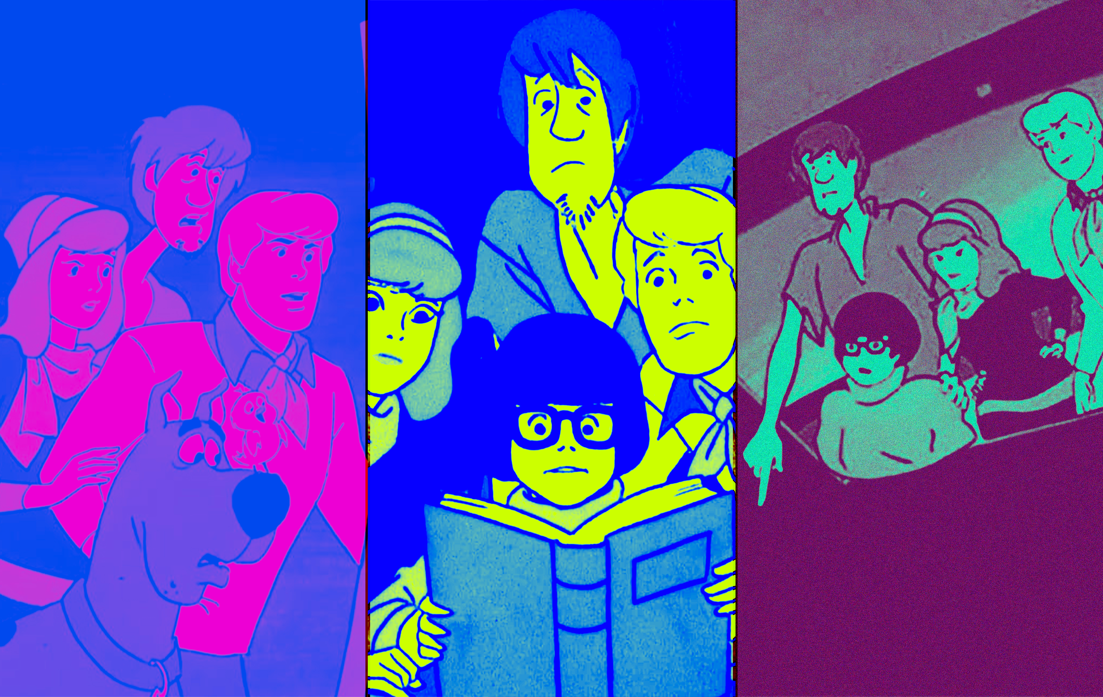 Three colorful pop art panels depicting family groups in bold neon colors—magenta and blue on the left, yellow and blue in the center with a child reading a book, and cyan and maroon on the right.