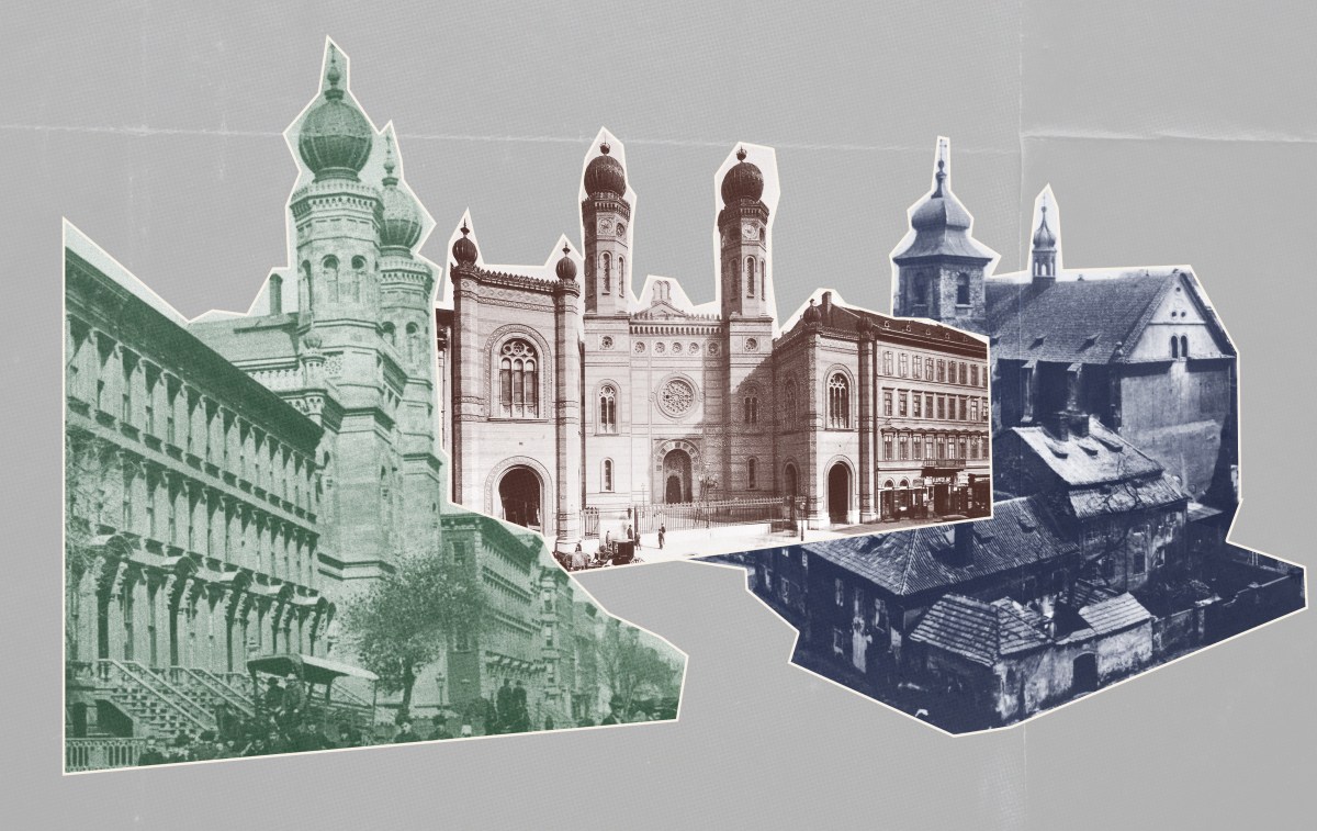 # Alt Text Five distinctive European religious buildings with onion domes and ornate architecture are displayed as cut-out photographs against a gray background, representing historic synagogues and churches from Central and Eastern European cities.