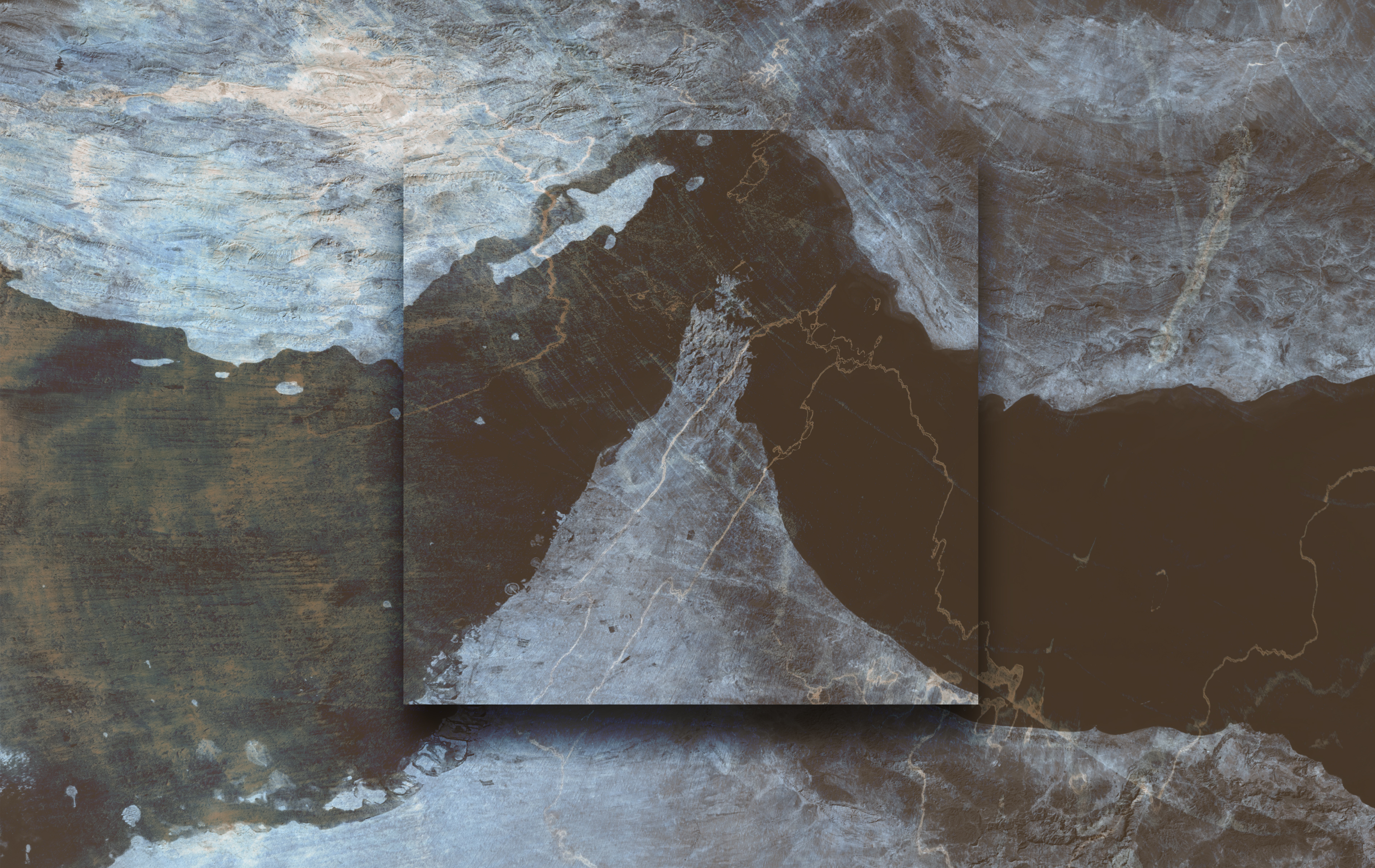 An aerial or satellite image of a coastal region with a dense urban settlement along the shoreline, surrounded by darker land masses and water, displayed on a weathered, textured surface.