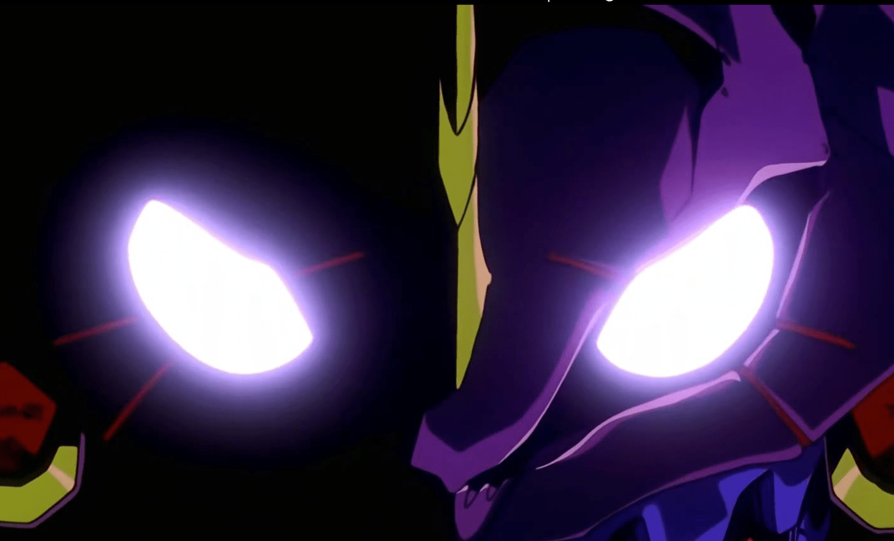 A figure in purple armor with glowing white eyes faces forward against a dark background, with yellow and red accents visible on their suit.